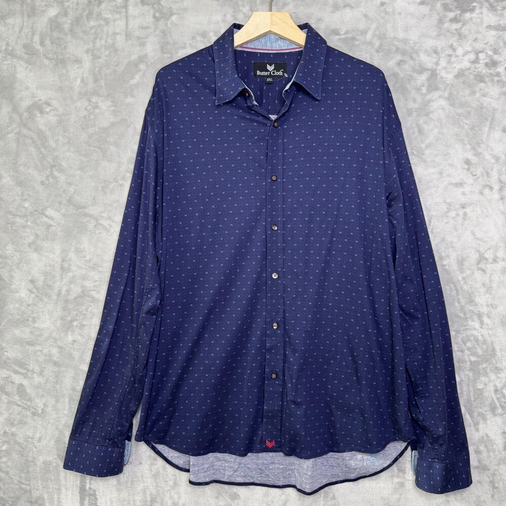 Butter Cloth Shirt Mens 2XL Blue Long Sleeve Button Down Micro Print Dress Navy